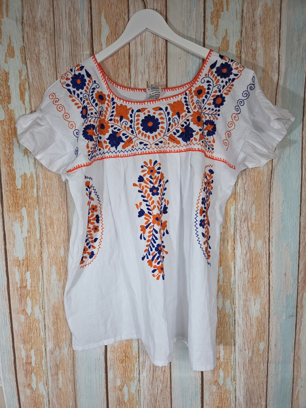 Embroidered White Boho Peasant Top with Orange & Navy Floral Detail. 100% Cotton